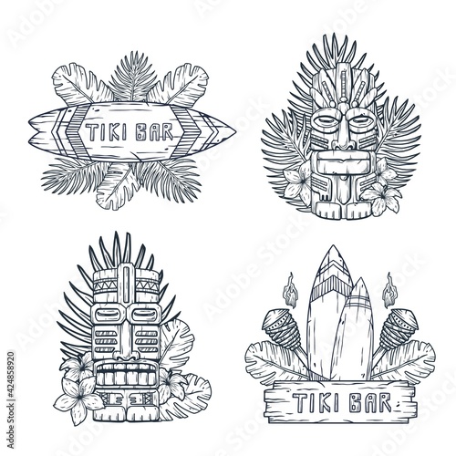 Design of trendy hawaii wooden tiki mask for surfing bar. Traditional ethnic idol and hawaiian surf, maori or polynesian. Old tribal totem