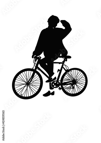 Fototapeta Naklejka Na Ścianę i Meble -  drawing black silhouette people are going to ride a bicycle