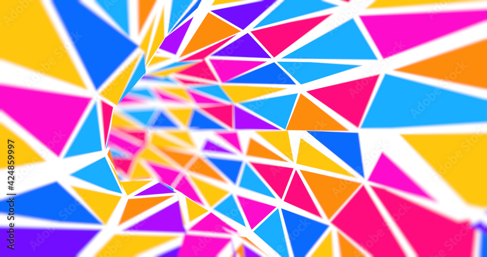 Fototapeta Tunnel made up of blue, red and yellow triangles on white background. 3D Illustration
