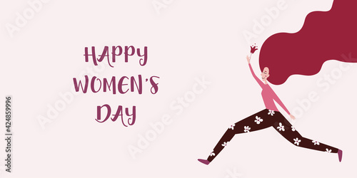 Vector illustration with a joyful running woman. Baner, poster template with place for your text.