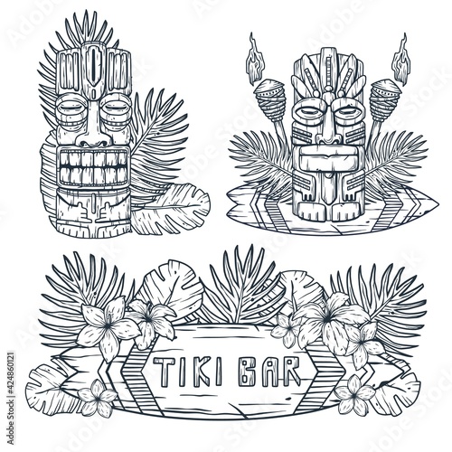 Design of trendy hawaii wooden tiki mask for surfing bar. Traditional ethnic idol and hawaiian surf, maori or polynesian. Old tribal totem