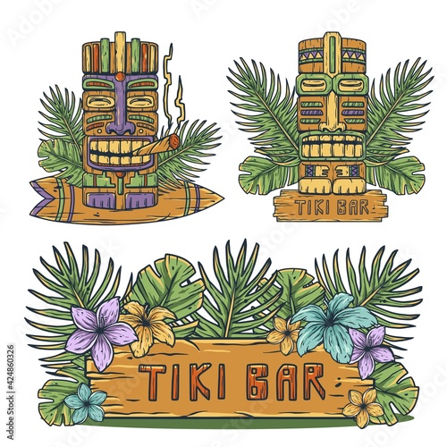 Design of trendy hawaii wooden tiki mask for surfing bar. Traditional ethnic idol and hawaiian surf, maori or polynesian. Old tribal totem