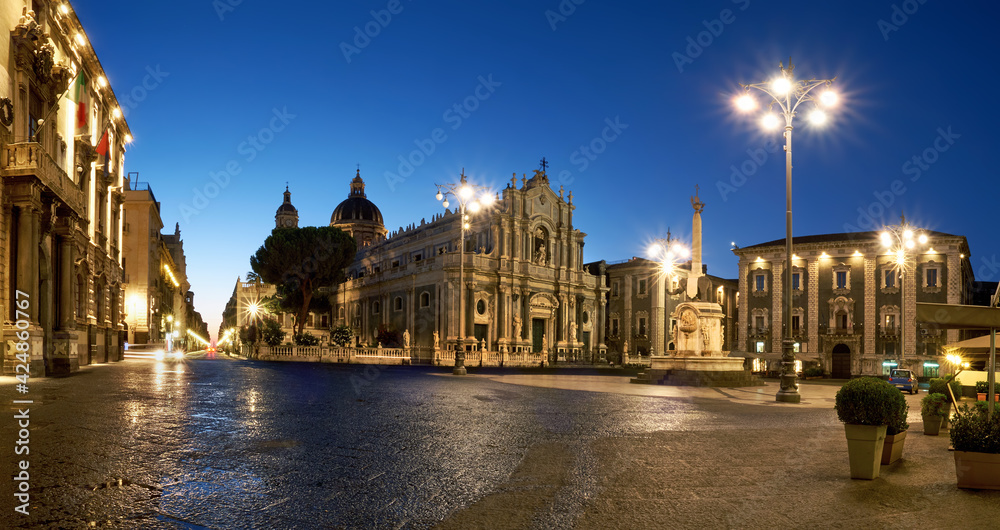 Illuminated Piazza Duomo, Catania, Sicily, Italy in the evening. Cathedral of Santa Agatha and Liotru, symbol of Catania in the evening