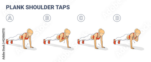 Girl Doing Plank Shoulder Taps Workout Exercise Guide. Woman Doing Shoulder Touches from Plank.