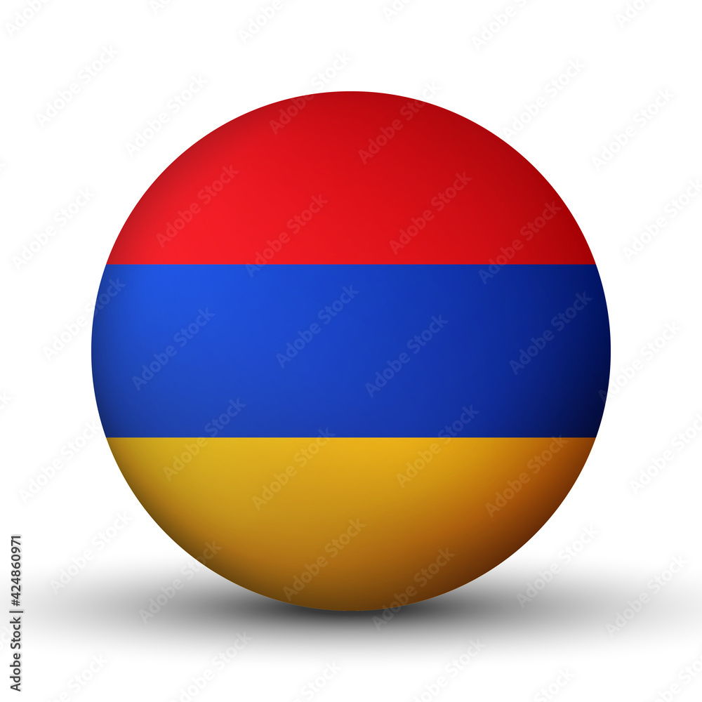 Glass light ball with flag of Armenia. Round sphere, template icon. Armenian national symbol. Glossy realistic ball, 3D abstract vector illustration highlighted on a white background. Big bubble Glass light ball with flag of Armenia. Round sphere, template icon. Armenian national symbol. Glossy realistic ball, 3D abstract vector illustration highlighted on a white background. Big bubble