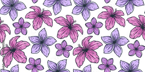 Hawaii flower seamless pattern. Nature tropical floral bud wallpaper for tiki bar. Exotic bloom or plant for hawaiian surf party