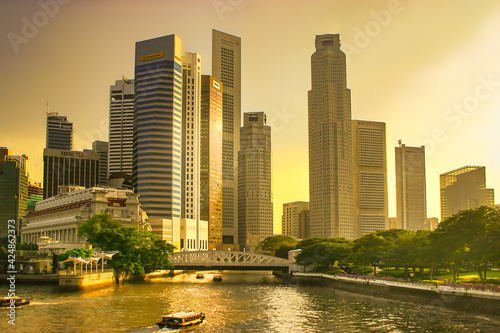 Downtown Singapore and skyline at sunset