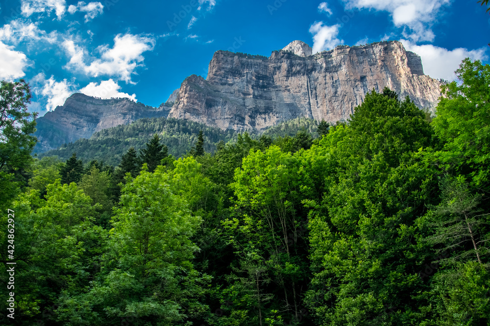 Las grandes cumbres de roca caliza se elevan muy por encima del bosque de hayas en el Parque Nacional de Ordesa, Pirineos españoles