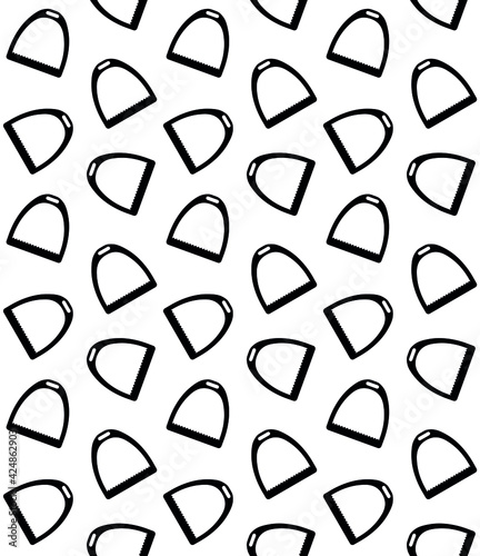 Vector seamless pattern of flat horse saddle stirrup silhouette isolated on white background