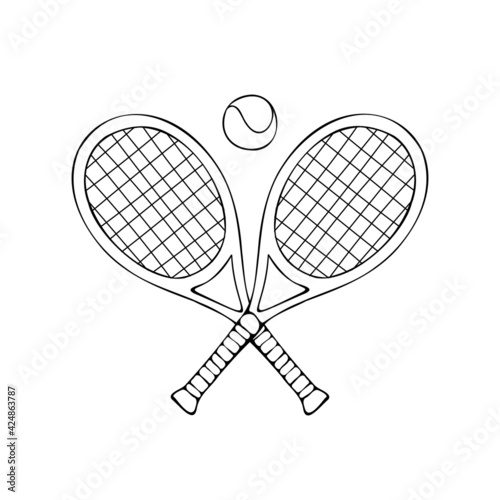 Vector hand drawn doodle sketch crossed tennis rackets and ball isolated on white background