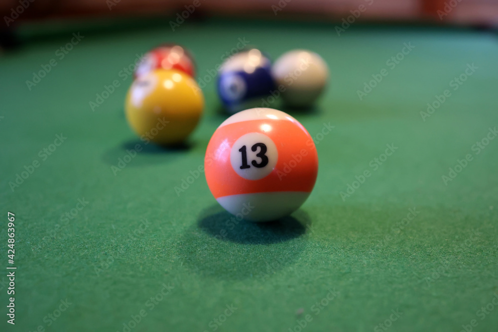 Colored pool balls on a green pool table Colored pool balls on a green pool table