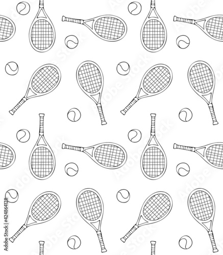 Vector seamless pattern of hand drawn doodle sketch tennis rackets and ball isolated on white background © Sweta