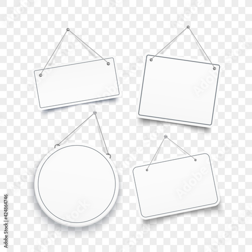 Set of different shape signboards. Blank sign with rope. Vector illustration