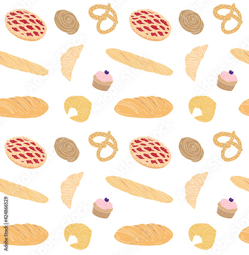 Vector seamless pattern of different color hand drawn doodle sketch bakery bread and buns isolated on white background
