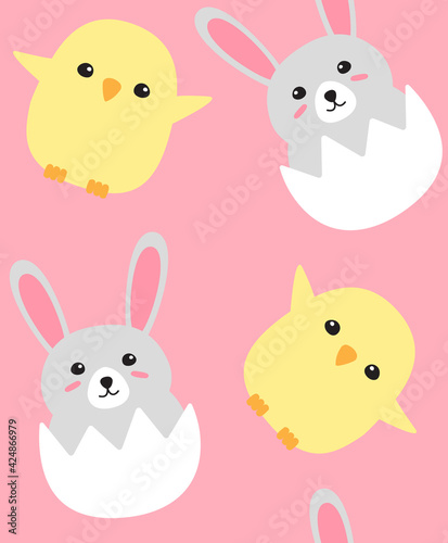 Vector seamless pattern of flat hand drawn doodle easter rabbit in egg shell and chick isolated on pink background