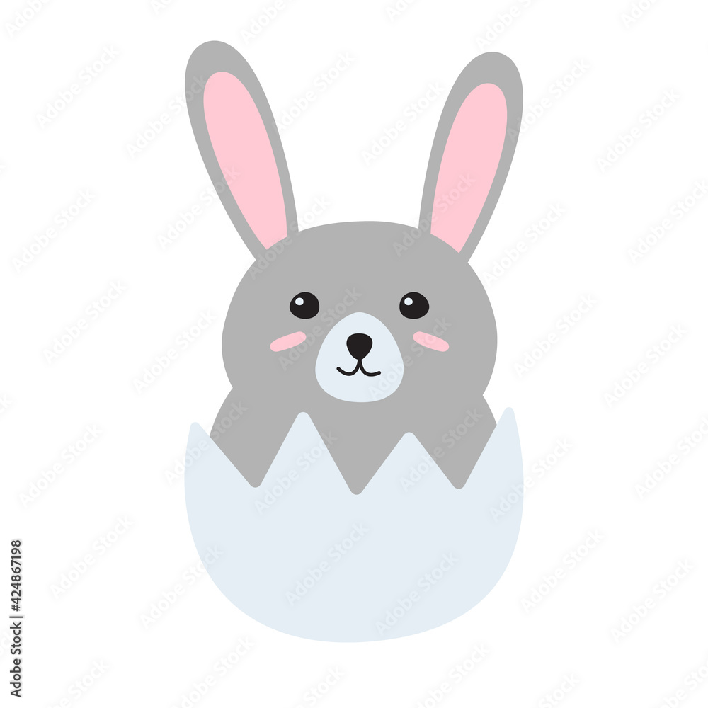 Obraz premium Vector flat hand drawn doodle rabbit in egg shell and happy easter lettering isolated on white background