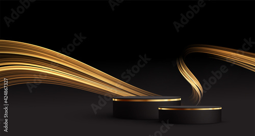 Minimal black scene with golden lines. Cylindrical gold and black podium on a black background. 3D stage for displaying a cosmetic product