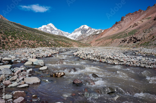 Aconcagua and Ameghino mounts View from  the Relinchos Valley. Aconcagua Provincial Park, Mendoza, Argentina, South America. photo