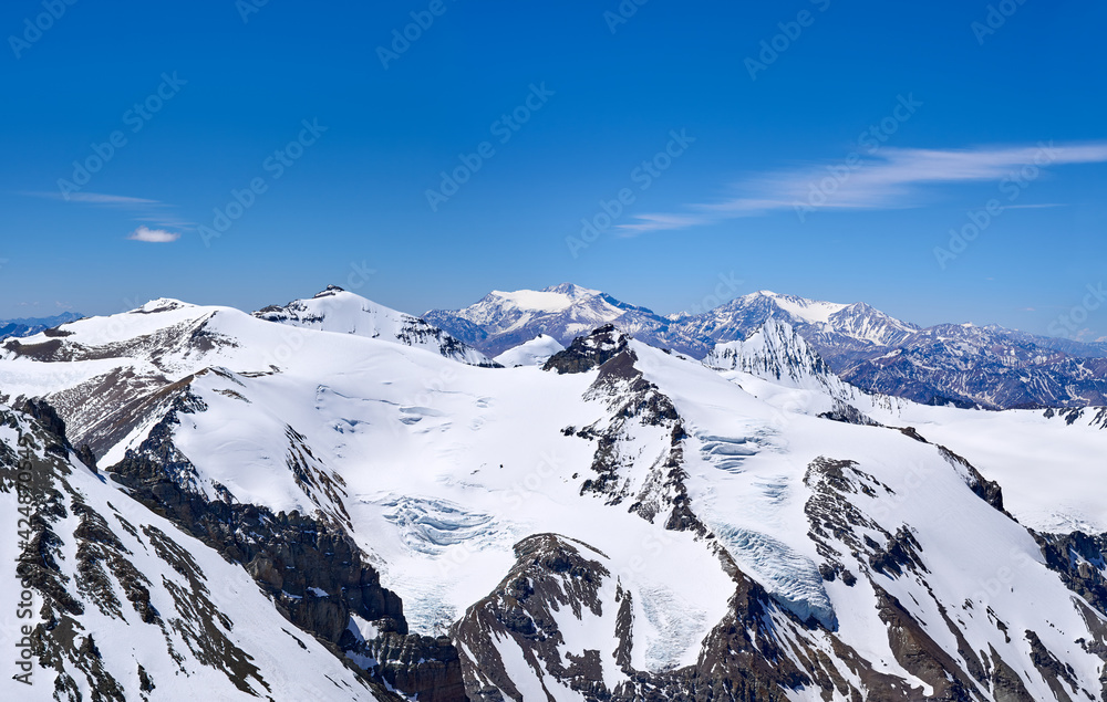Panorama View from Guanacos camp at 5500 meters on Aconcagua Provincial Park, Mendoza, Argentina, South America. 