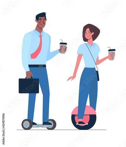 African man and girl riding.on gyroboards. A couple of managers with coffee in their hands ride an environmentally friendly alternative transport. Vector in flat style.
