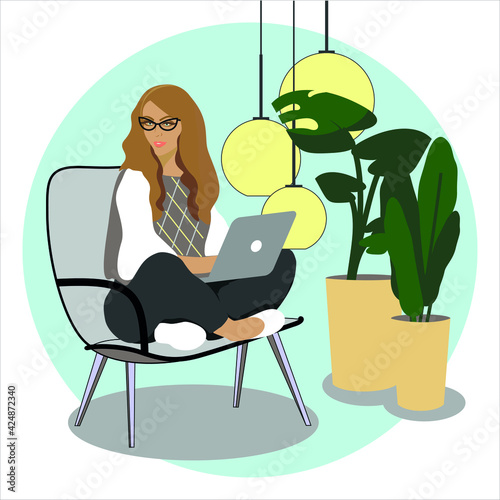 Girl working from home remotely with laptop. Cartoon Flat. Vector Illustration.