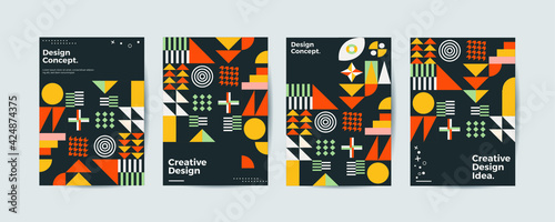 Colored neo geometric set of posters. Modern grid flyer with geometric shapes, geometry graphics and abstract background vector set. Company identity brochure template collection. Vector, EPS10