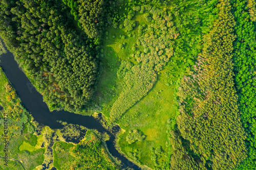 Aerial View Of Summer River Landscape In Sunny Summer Day. Top View Of Beautiful European Nature From High Attitude In Summer Season. © Grigory Bruev