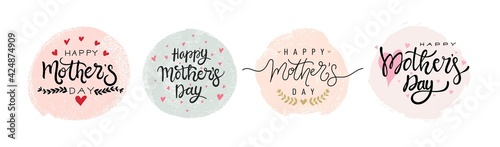 Set of Mothers day calligraphy. Design element for greeting card or invitation. Black Calligraphy Inscription with gold and pink hearts. Modern vector illustration. Isolated on white background.