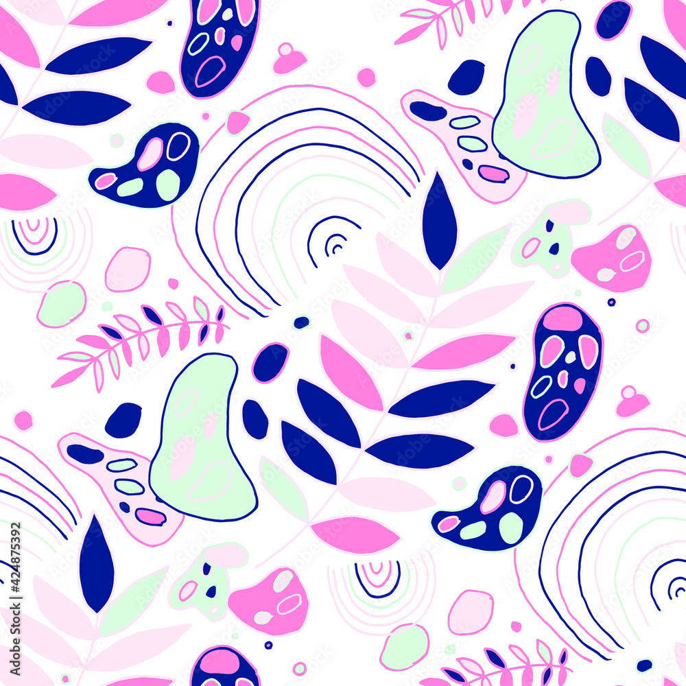 Seamless vector pattern with abstract doodles. Bright summer print. Trendy colorful background. Geometric doodles and leaves.	