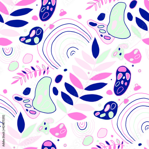 Seamless vector pattern with abstract doodles. Bright summer print. Trendy colorful background. Geometric doodles and leaves. 
