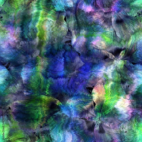 Wallpaper Mural Seamless abstract color blobs with floral flower pattern overlay. High quality illustration. Painterly dye-like blue purple and green bleed watery background color with beautiful pattern overlay. Torontodigital.ca