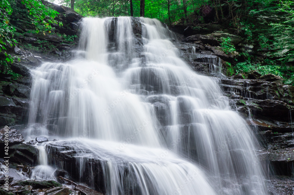 A sprawling waterfall in a lush green forest cascading