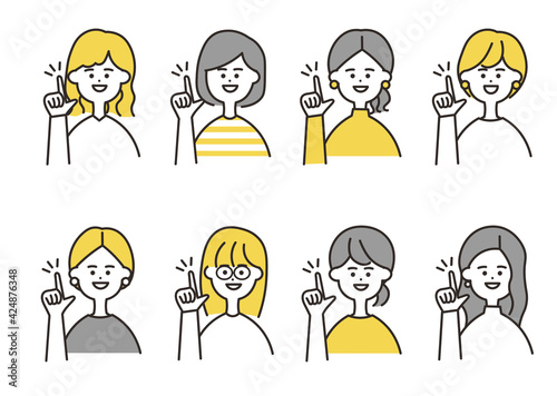 女性　ワンポイント　指さし　バストアップ　イエローカラーセット