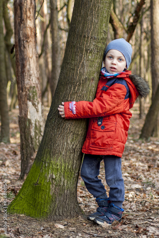A cute little boy wearing an orange jacket, blue pants and a cap, cuddling up to a tree covered with moss. In the background, other trees and dry leaves lying on the ground.