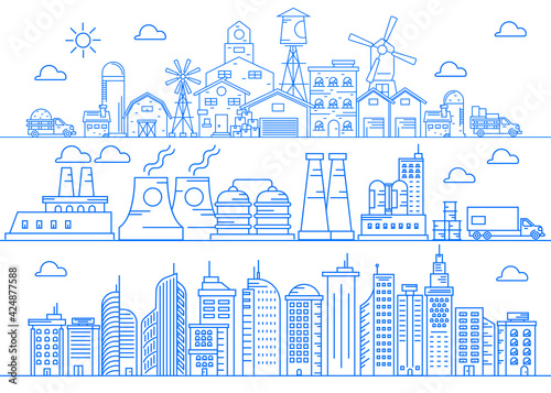 Farm Production Industry City line art vector