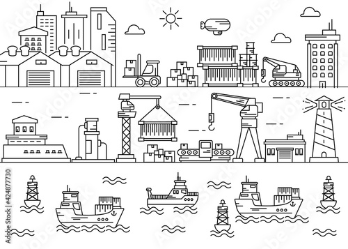 Line art vector Seaport Industry Area Illustration