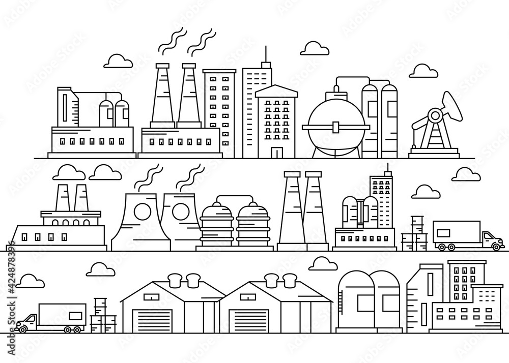 Line art vector Industry Factory Buildings Collections set