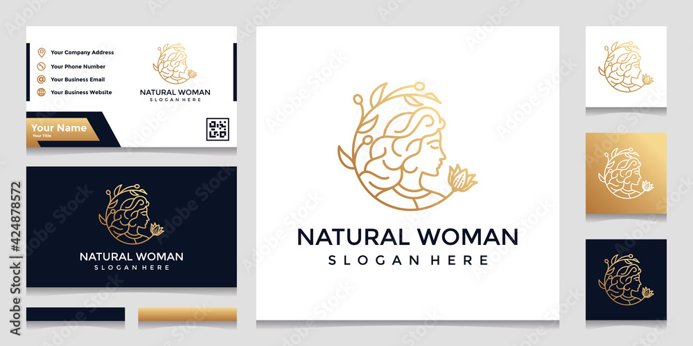 Naklejka premium a logo with a pretty face line art style and a business card design. design concept for beauty salon, massage, cosmetics.