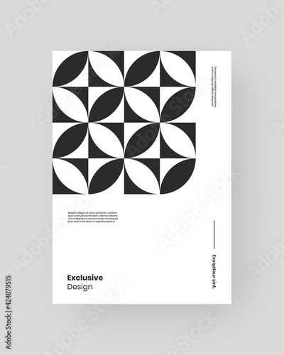 Abstract Placard, Poster, Flyer, Banner Design. Black and white illustration on vertical A4 format. Flat and geometric shapes. Decorative ornament backdrop.