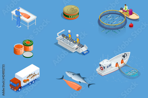 Isometric Fish industry seafood concept. Commercial fishing. Sea fishing, ship marine industry, fish boat.