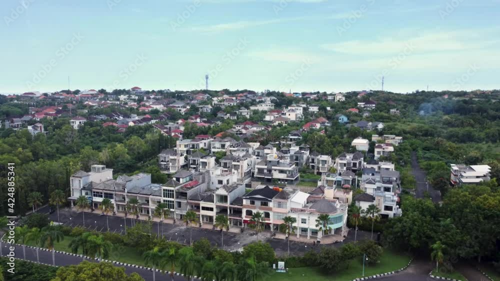 Empty abandoned because of COVID-19 pandemic shops in Bali, Indonesia. High quality 4k aerial panorama footage Empty abandoned because of COVID-19 pandemic shops in Bali, Indonesia. High quality 4k aerial panorama footage
