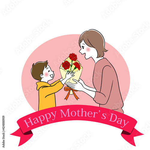 A little boy giving some flowers to his mother. Illustration for Mothers day.