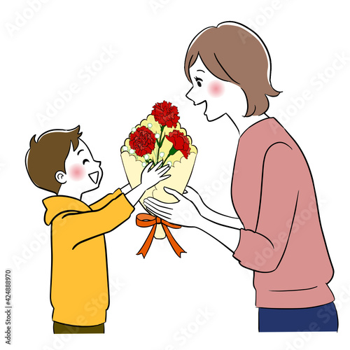 A little boy giving some flowers to his mother. Illustration for Mothers day.
