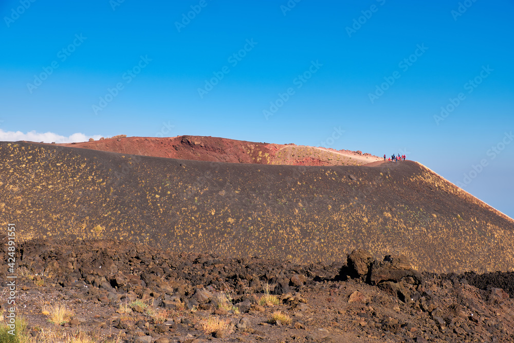 Mount Etna in Sicily near Catania, Tallest active European volcano in Italy. Panoramic wide view of the active volcano Etna, traces of volcanic activity.