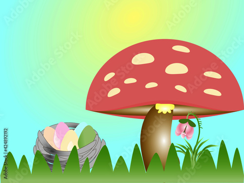 Happy Easter greeting card with Eggs in a nest  Mushroom background.