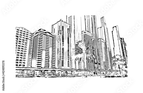 Building view with landmark of Dubai is the 
city in the United Arab Emirates. Hand drawn sketch illustration in vector.
