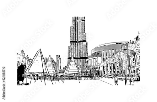 Building view with landmark of Dubai is the 
city in the United Arab Emirates. Hand drawn sketch illustration in vector.