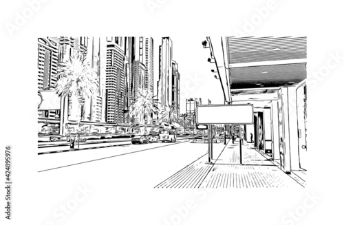 Building view with landmark of Dubai is the 
city in the United Arab Emirates. Hand drawn sketch illustration in vector.