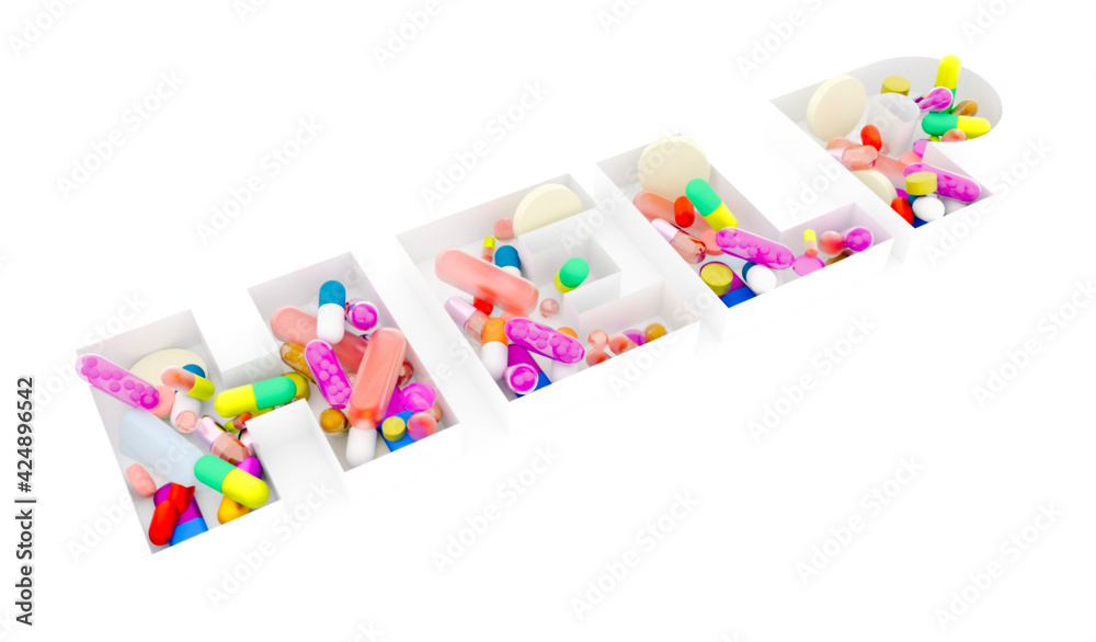 Help lettering, medication container and pills in the form of help lettering. Drug addiction, detoxification. Pills, various medicines, on prescription. Copy space for text on a white background. 3d