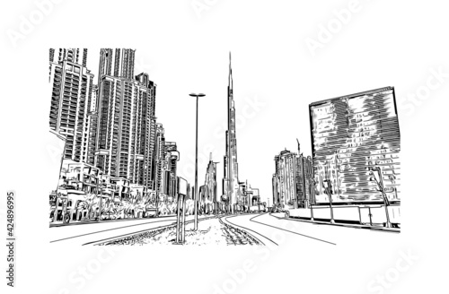 Building view with landmark of Dubai is the 
city in the United Arab Emirates. Hand drawn sketch illustration in vector.